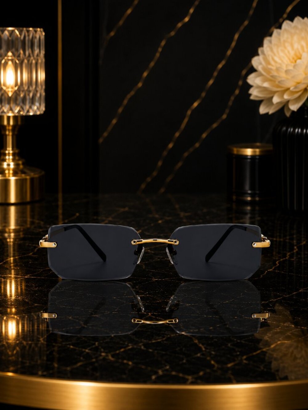 Beez Rimless Rectangle Sunglasses Gold Unisex Y2K Tinted Shades
